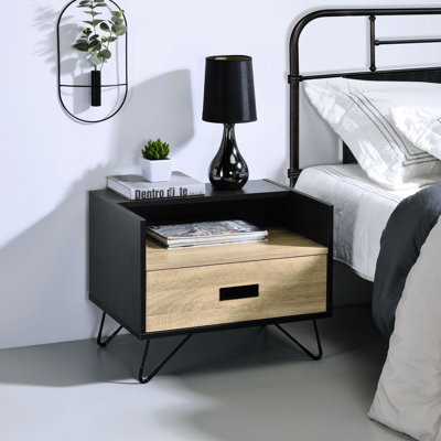 Table de chevet pour chambre à coucher en chêne et noir, 1 tiroir fonctionnel noir pour la chambre à coucher, solution de rangement compacte