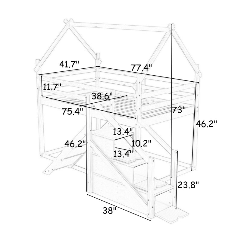Lit superposé avec glissière et escalier Bonnert Kids House, Blanc
