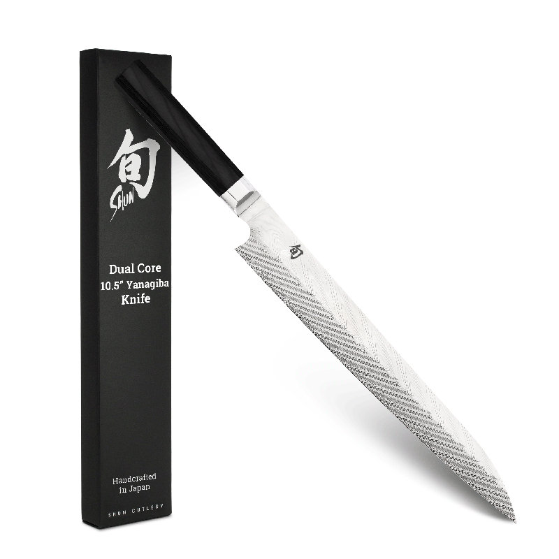 Shun Dual Core 10.5" Yanagiba Knife, Handcrafted Japanese Sashimi Knife, VG10 and VG2 Damascus Steel Blade, Pakkawood Handle, Versatile Japanese Kitchen Tool