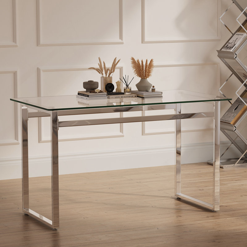 Table de salle à manger rectangulaire moderne en verre pour 4 à 6 personnes, plateau en verre trempé, pieds chromés argentés, utilisation polyvalente dans la cuisine et le salon