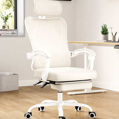 Fauteuil de bureau ergonomique en filet avec support lombaire réglable et repose-pieds pour bureau à domicile, salle d'étude, chambre à coucher - beige, dossier haut, inclinaison de 90 à 135 degrés, roues pivotantes à 360 °, coussin en mousse élastique