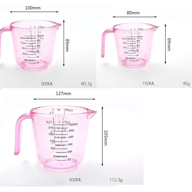 Ensemble de 3 tasses à mesurer en plastique avec poignée, 150 ml, 300 ml, 600 ml (rose)