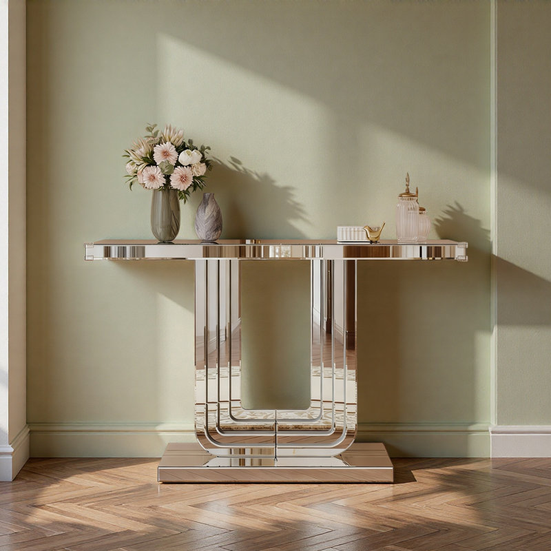Console en miroir, table d'entrée avec base en U et conception de lignes épissées à la main pour le salon, le couloir, le vestibule, 47 po