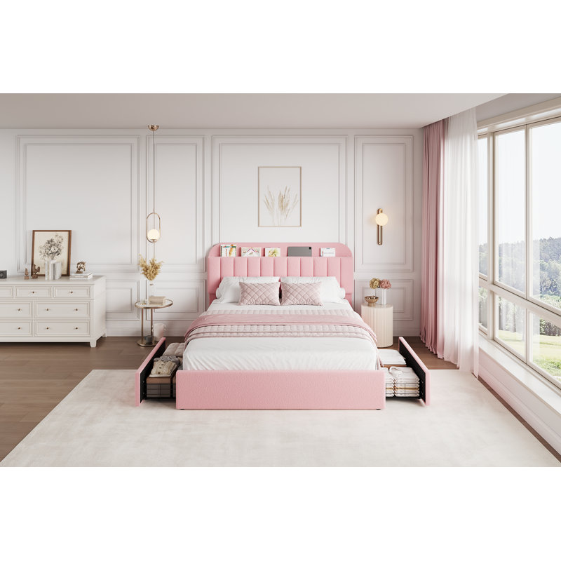 Faux Fur Upholstered Bed Frame with Storage Headboard, 2 Drawers, Full XL, Pink