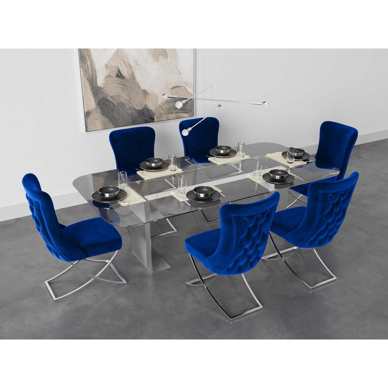 Chaise de salle à manger rembourrée Noblesse, ensemble de 2, Bleu, Argent argent