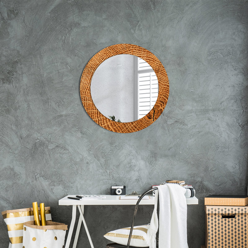 Huldar Glass Flat Wall Mirror, 60cm H x 60cm W, Orange Oak Wood
