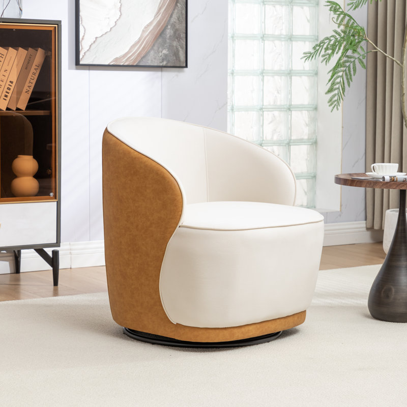 Fauteuil demi-tonneau pivotant en velours Stith, Moutarde / velours beige