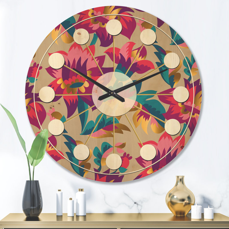 Horloge murale en bois Elegant Blossom Folk, Grand