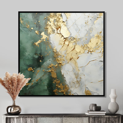 «Gold and Green Paint Fusion», peinture abstraite encadrée