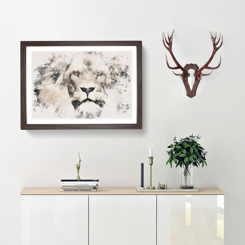 Lion Watercolour - Picture Frame Graphic Art Print, Walnut Framed, 33cm H x 45cm W x 2cm D