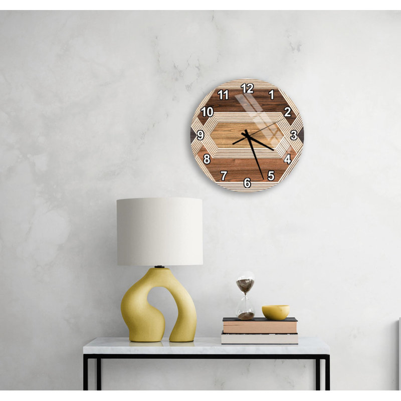 Horloge murale à motif géométrique en bois - impression d'illusion 3D brun rustique - décor de ferme moderne pour le salon, cadeau d'art de bureau abstrait