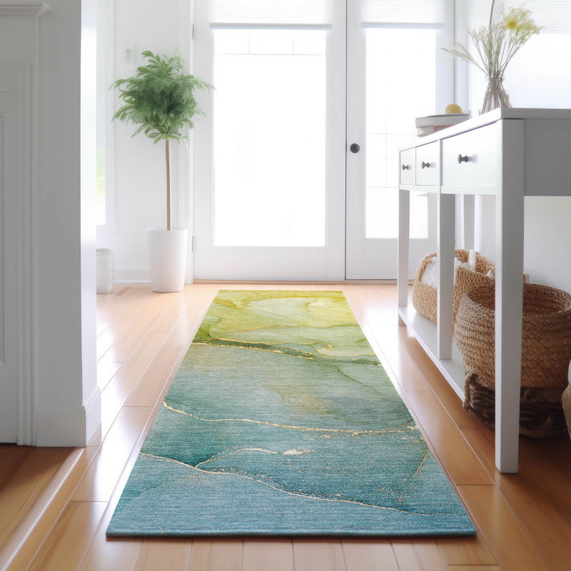 Premium Machine Washable Cerrito AMF508 Green Rug, Runner 2'3" x 7'6"