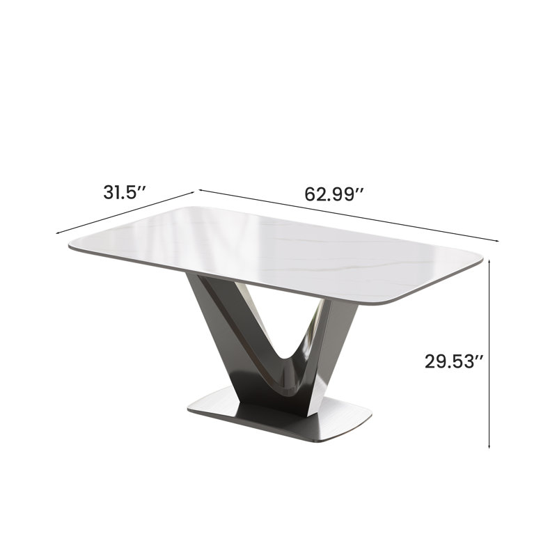 Malira Minimalist Modern White Rectangular Sintered Stone Dining Table with Pedestal Base, Pre-Assembly