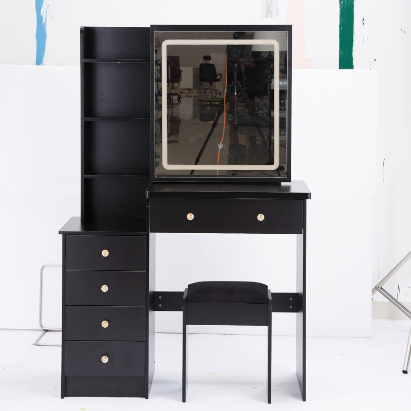Meuble-lavabo de 37 po de taille moyenne et tabouret rembourré, commode tricolore, miroir à DEL réglable en luminosité, rangement grande capacité, design américain, ensemble de meubles noir