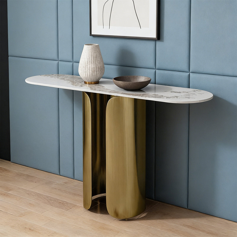 Console décontractée de qualité italienne, 33,46 po H x 55,12 po L x 15,75 po P, Blanc, Doré