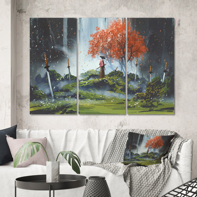 " Samurai Standing In Waterfall Garden With Swords " 3 - Pieces Painting Print