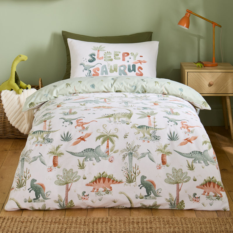 Brushed Sleepy Saurus Dino Cotton Reversible Duvet Cover Set, Junior