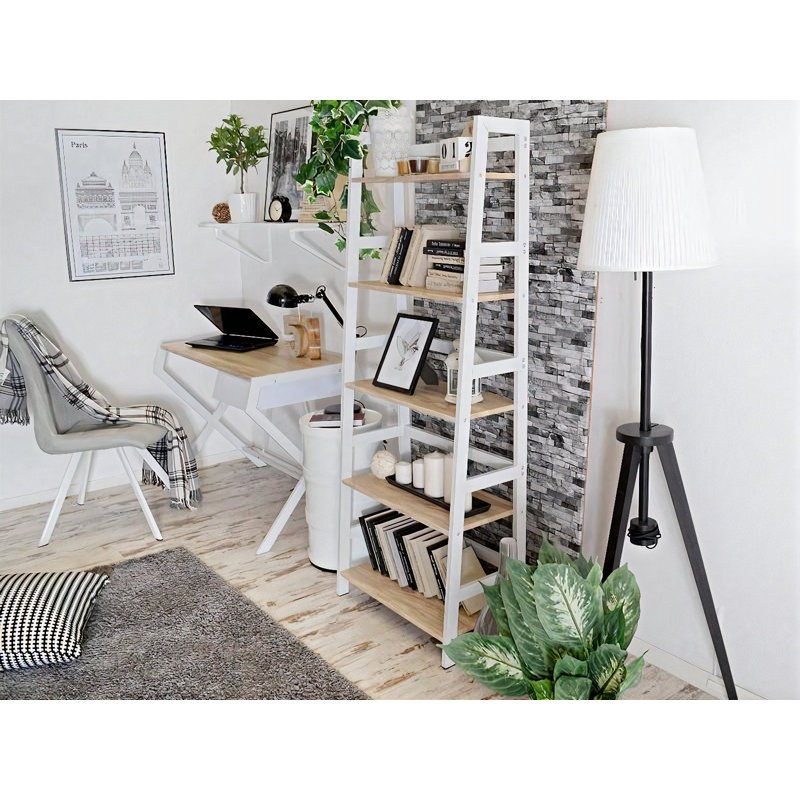 Faithlyn 162cm H x 64cm W Steel Etagere Bookcase, White, Oak