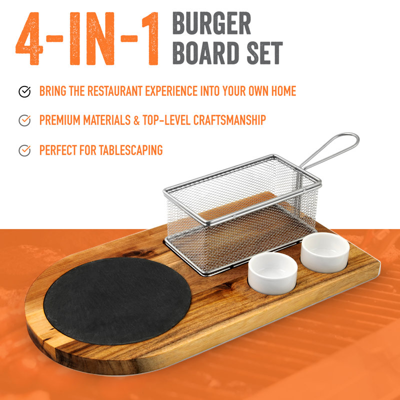 Yukon Glory burger board set with acacia wood, slate, fry basket and ceramic cups