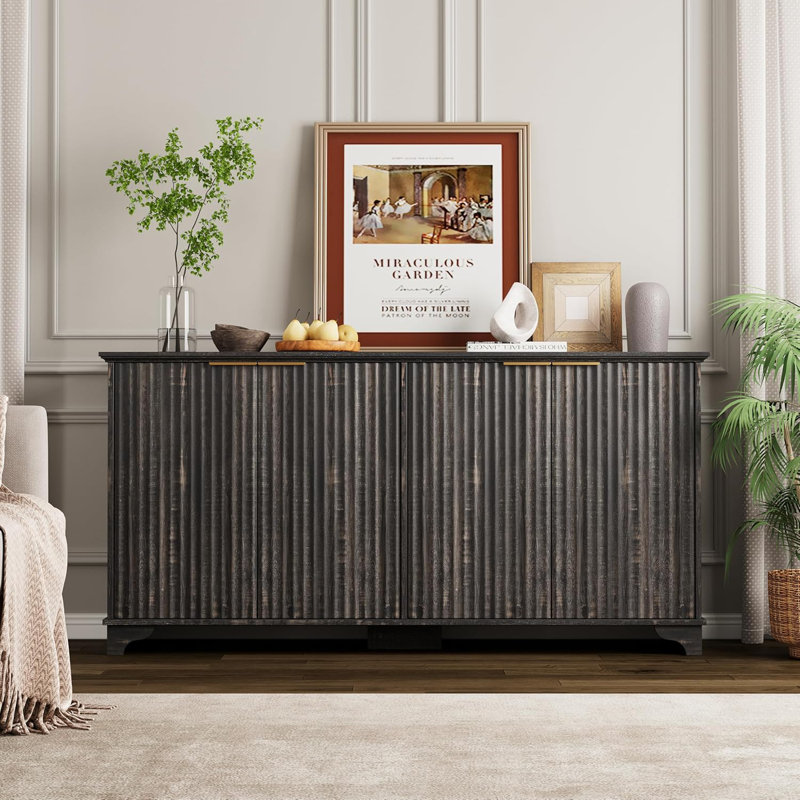 61" Large Buffet Sideboard Cabinet With 4 Fluted Doors And Storage, Modern Kitchen Storage Cabinet With Adjustable Shelves, Farmhouse Coffee Bar Cabinet For Kitchen, Living Room