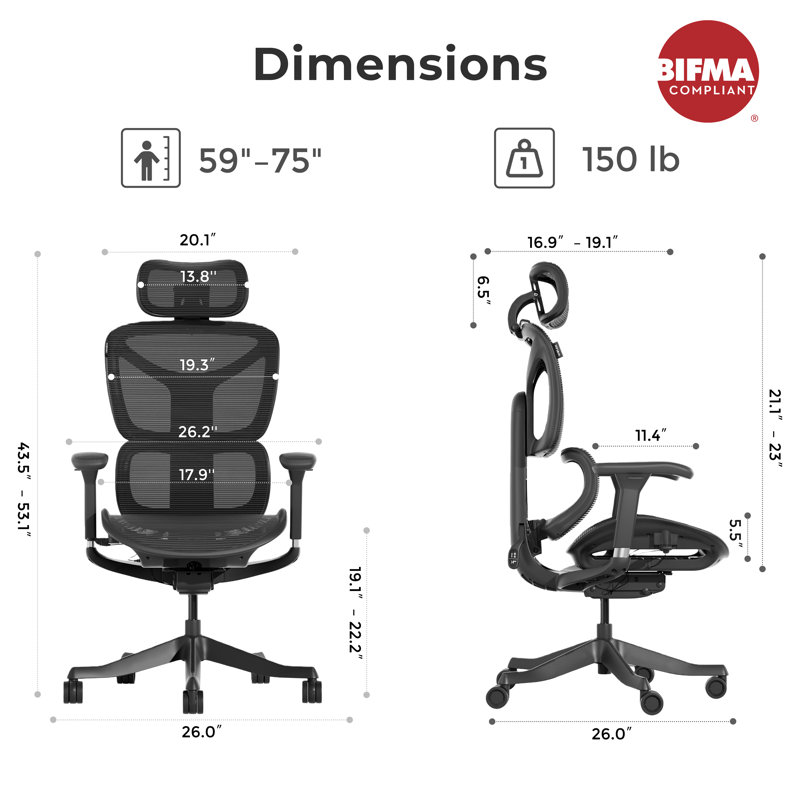 One-Touch Control Ergonomic Mesh Office Chair with 3-Level Recline Lock, Computer Chair with Adjustable Backrest & Lumbar Support & 3D Armrests & 3D Headrest
