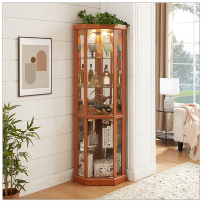 Corner Curio Cabinet with Glass Doors for Living Room, Wine and Bar Glass Storage, Adjustable Shelves, and Elegant Design