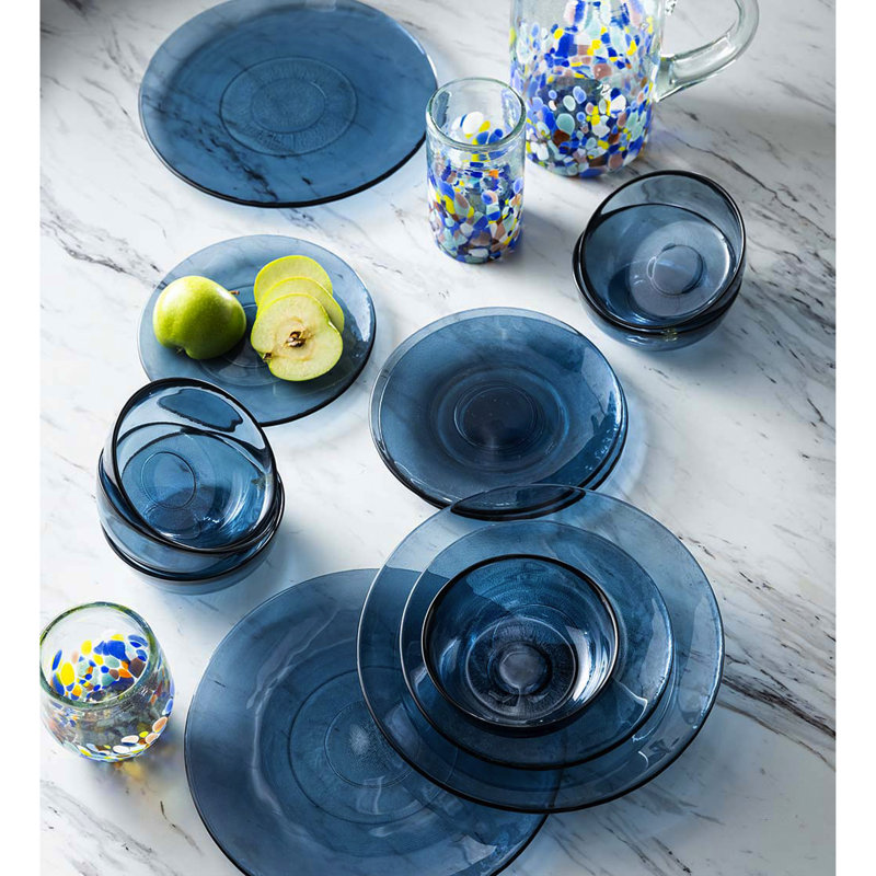 Ensemble de 6 assiettes en verre recyclé, Bleu
