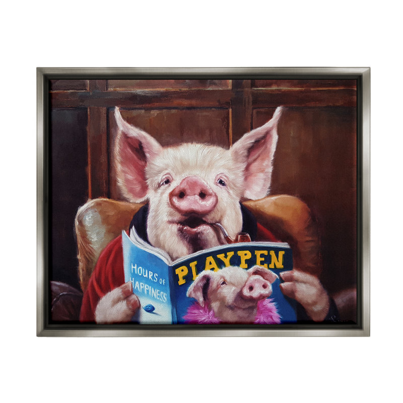 Drôle de cochon «Man Cave» - Peinture, H 25 po x l 31 po x P 1,7 po, Cadre flottant gris lustré