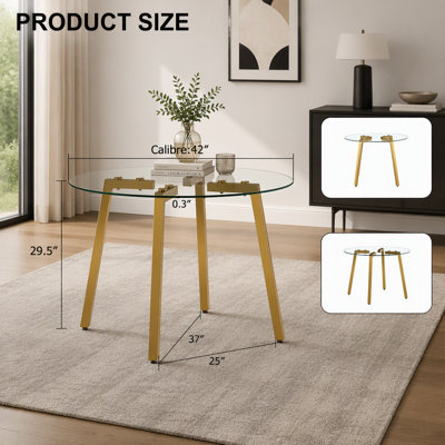 Table circulaire moderne en verre trempé transparent de style minimaliste, plateau en verre trempé, pieds en métal doré, convenant à la cuisine, à la salle à manger et au salon, 42 po x 42 po x 29,5 po 1123r