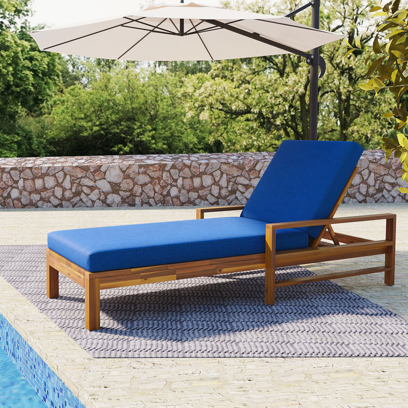 Acacia Wood Lounge Chair with Adjustable Backrest, Natural, Blue