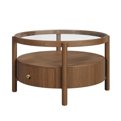 2-Tier Solid Wood Round Coffee Table with Storage Drawer and Glass Top,29.5*29.5"