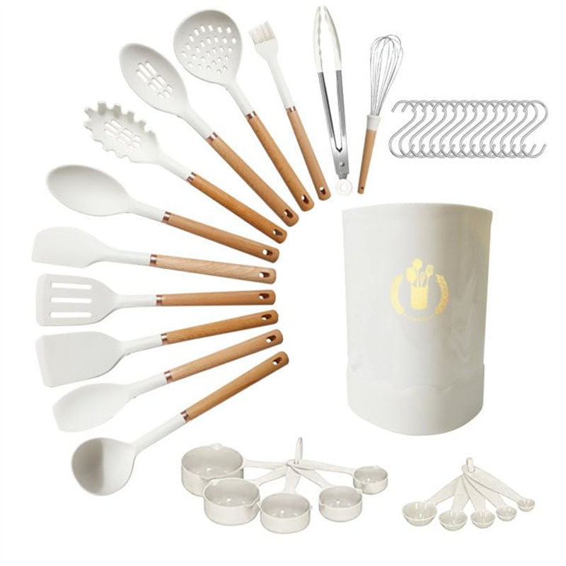 Ephratah Kitchen Utensil Set Silicone, 33 Pieces Cookware, Natural Wood Handles(White)