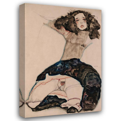 «Fille aux cheveux noirs avec jupe relevée» par Egon Schiele - Art mural sur toile tendue avec châssis