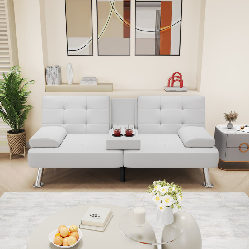 Siomarily 66'' Wide Faux Leather Convertible Upholstered Reclining Sofa with Cup Holder, White