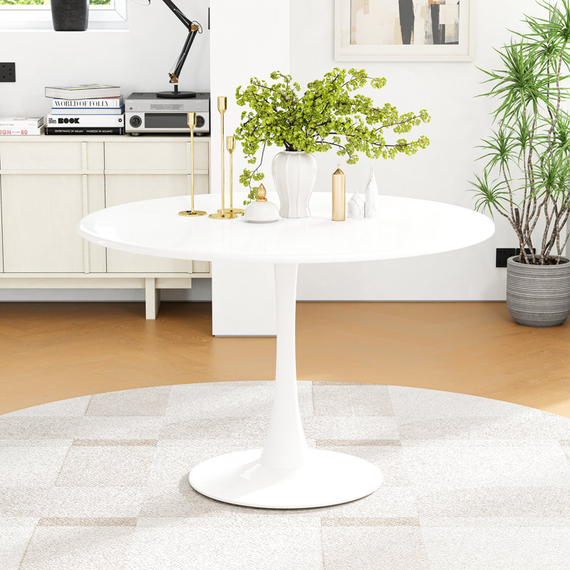 5-Piece Round Metal Pedestal Dining Table With 4 Velvet Dining Chairs, White, White/Gold