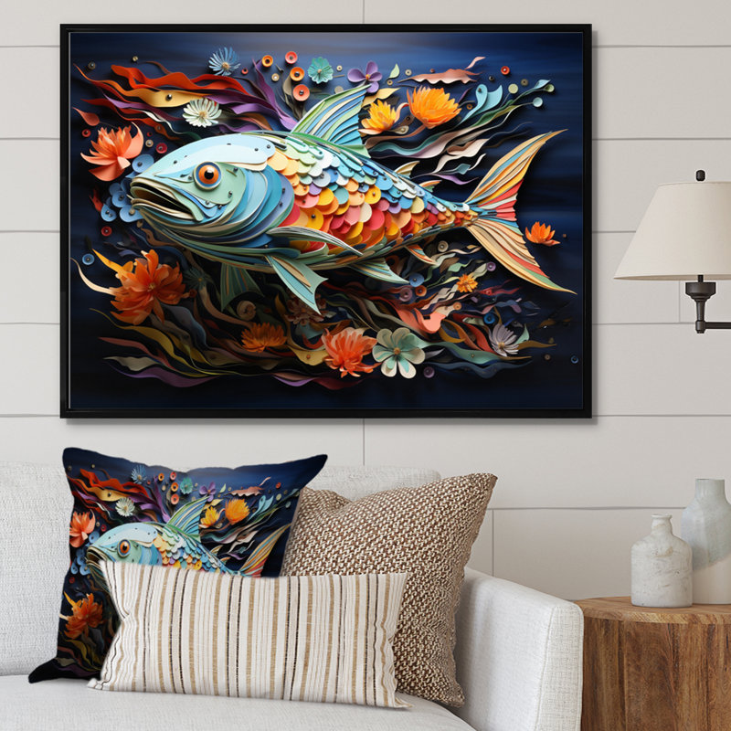 Fishing Whale Of Colors IV - Fishing Framed Canvas Print Hunting Wall Art, 34" H x 44" W x 1.5" D, Black Floater Framed