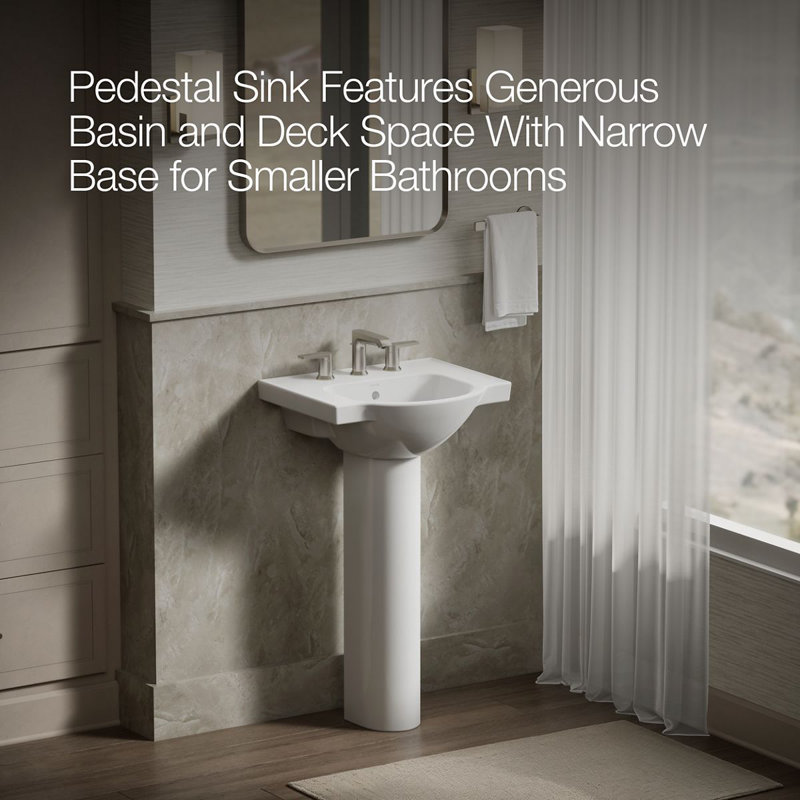 Veer™ Ceramic Pedestal Bathroom Sink with Overflow, White, 8" Centers, 35.5" H x 21" L x 18.25" W