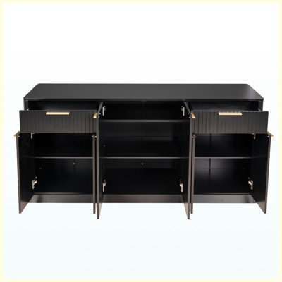 67" Large Black Fluted Buffet Sideboard, Modern Wine Bar Storage Cabinet with 6 Doors & 2 Drawers for Dining Room, Living Room & Entryway