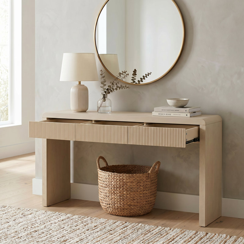 Console rustique avec 3 tiroirs cannelés, table d'entrée en placage de bois massif avec pieds réglables, table d'appoint de couloir résistante aux égratignures en abricot