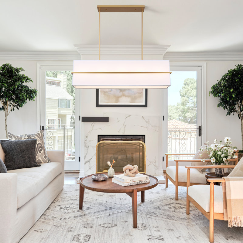 Ajanee 5 Light Linear Square/rectangle Chandelier With White Fabric Hardback Shade - 11.02'' H X 39.37' W, Gold
