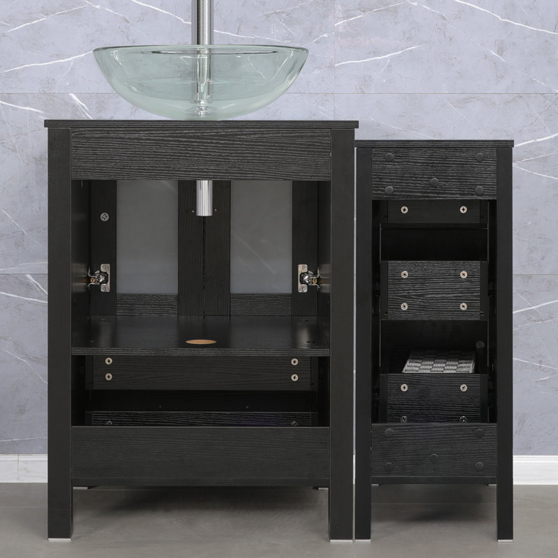  36" Single Bathroom Vanity Set with Glass Sink, Water Saving Faucet, Pop up Drain, Black, Dark Espresso