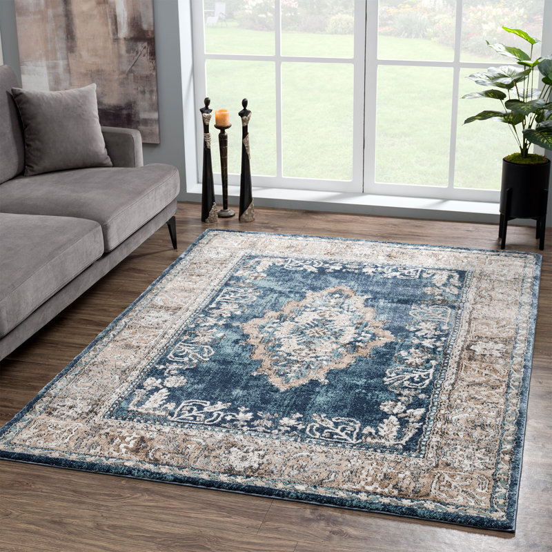 Tapis bleu tissé à la machine, Rectangle 1 pi 10 po x 3 pi