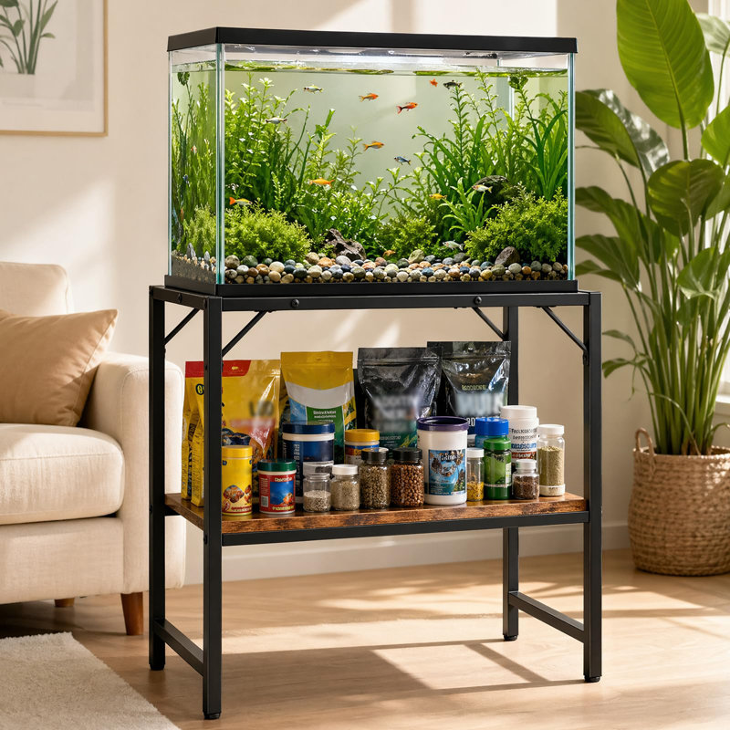 Support pour aquarium de 40 à 50 gallons avec structure métallique et tablette en bois, robuste, pour aquarium et terrarium à tortues, avec rangement.