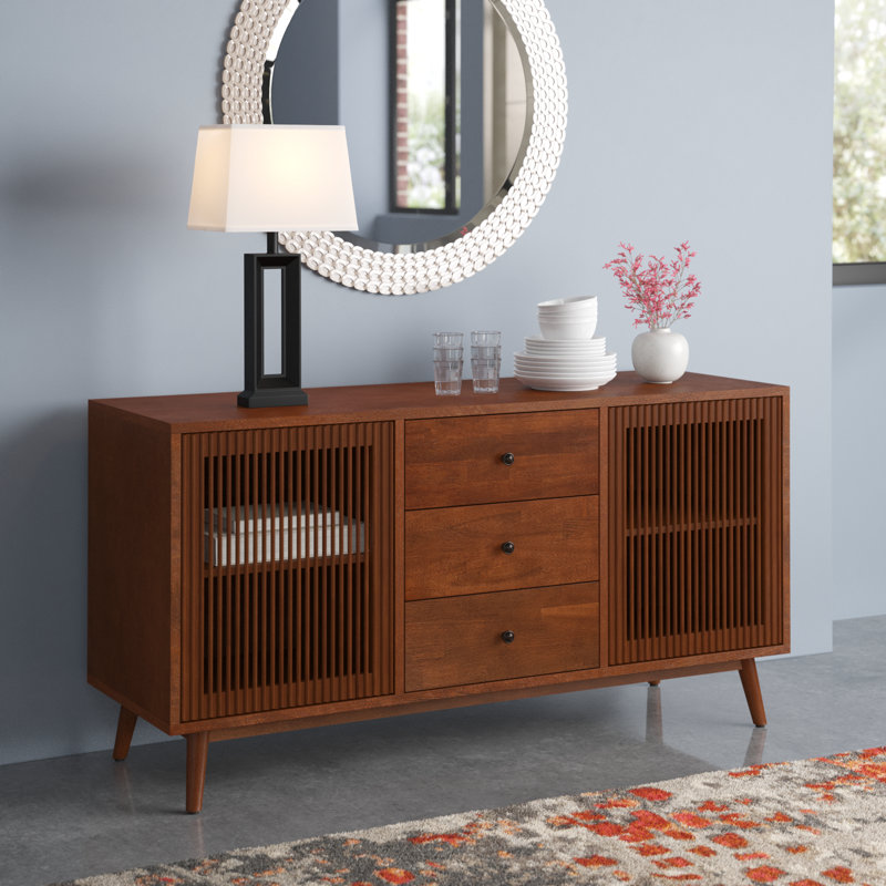Arsula 58'' W 3 Drawer Sideboard with Slatted Doors, Walnut