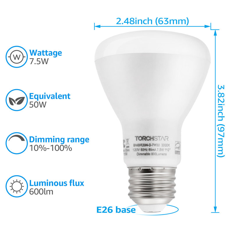 7.5 Watt (50 Watt Equivalent), LED Dimmable Light Bulb, Warm White (3000K) E26/Medium (Standard) Base