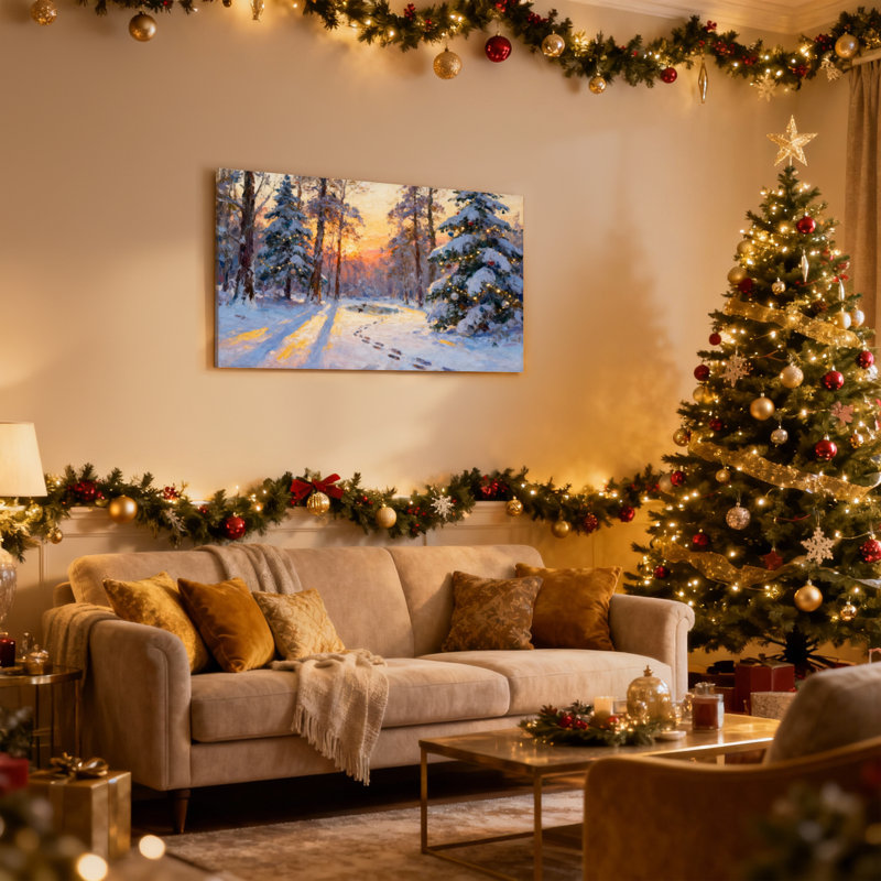 «Christmas Winter Forest Sunset Snowy Path Trees Lights», ensemble de 3 impressions d'art sur toile, H 16 po x l 24 po