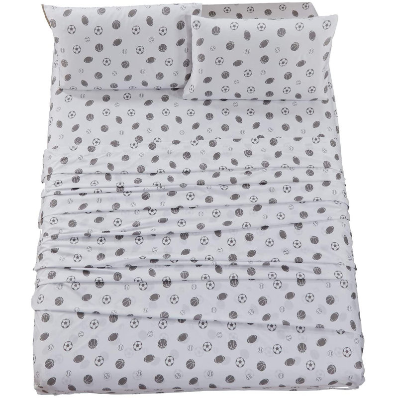 Twin White and Gray Sports Print Microfiber Sheet Set