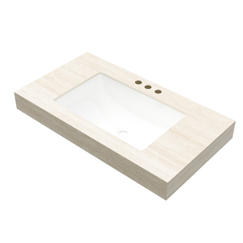 Comptoir en pierre frittée de 91,4 cm (36 po) avec motif et lavabo en céramique encastrée avec trois trous pré-percés pour robinetterie, excellente résistance aux hautes températures, couleur principale beige, profondeur du produit de 89,2 cm (35,13 po).