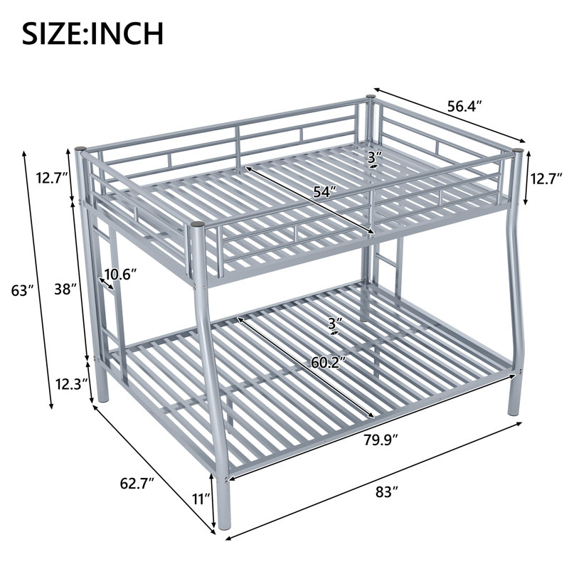 Queen Metal Bunk Bed with Ladder and Guardrails,, Silver, Full Over Queen