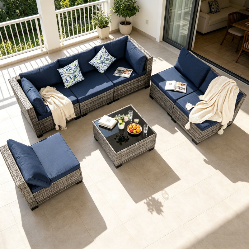 7-Piece Rattan Outdoor Sectional Seating Group with Cushions, Gray, Navy